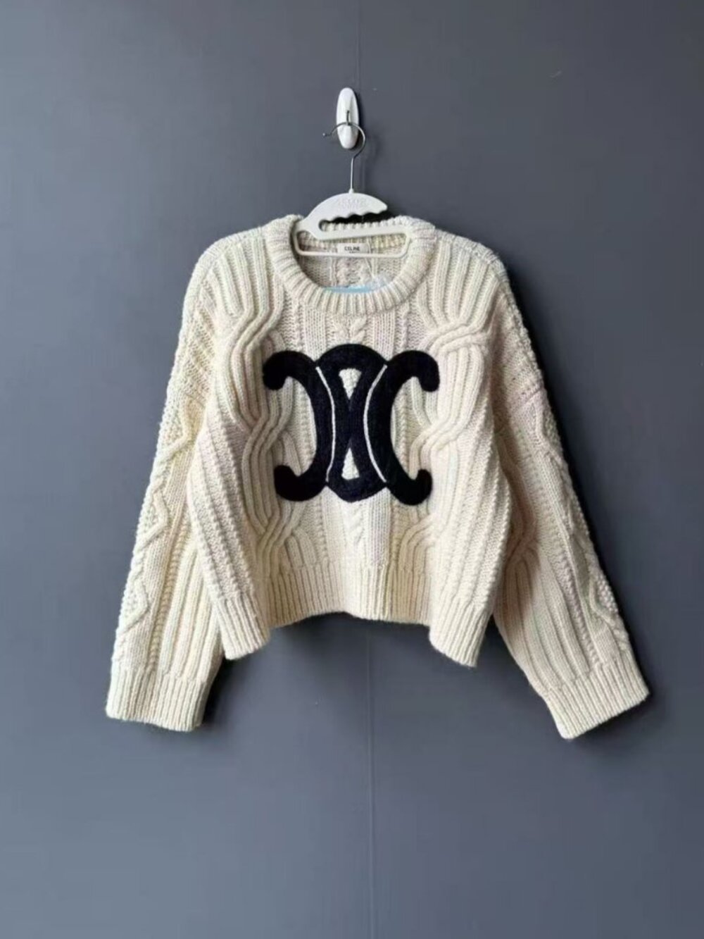 Celine Triomphe Cable Knit Cropped Sweater Off White Wool Jumper